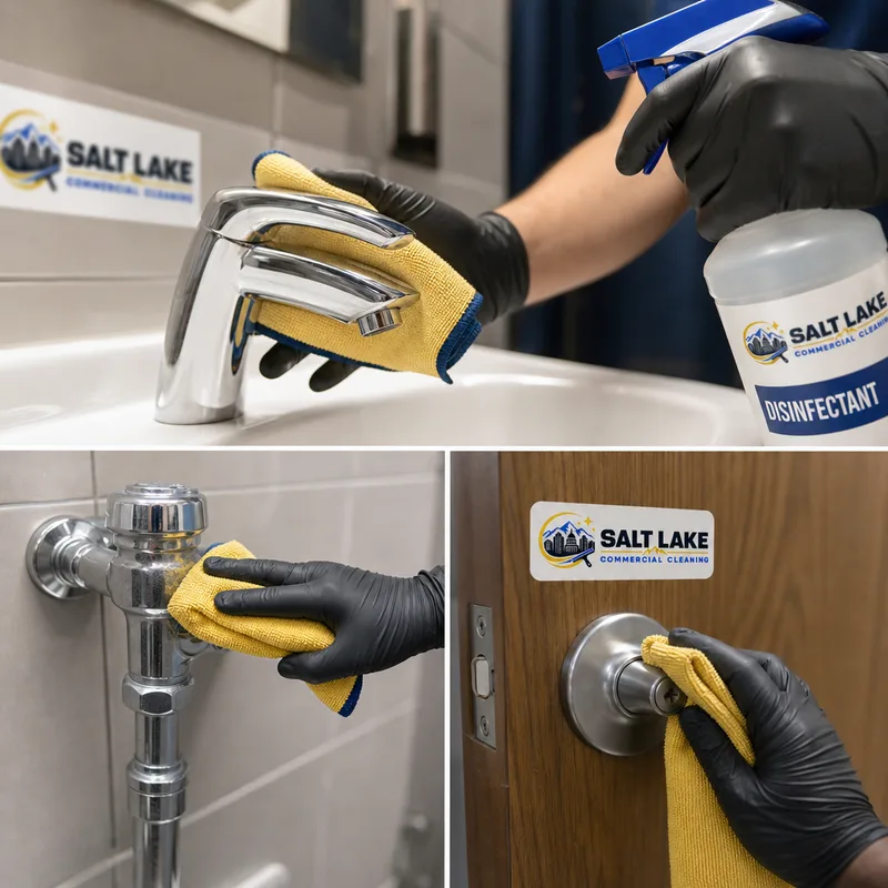 Gloved hands disinfecting commercial restroom touchpoints with labeled disinfectant and a microfiber cloth