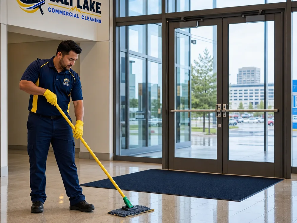 Streak-free glass entry doors, freshly mopped floors, and aligned walk-off mats in a commercial lobby