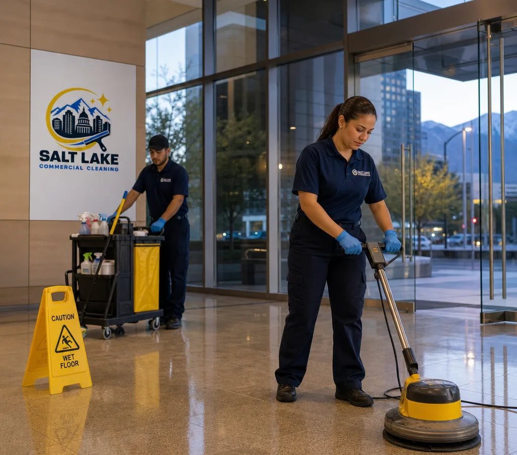 Evening commercial cleaning team servicing a modern office lobby with glass entry doors and hard-surface floors