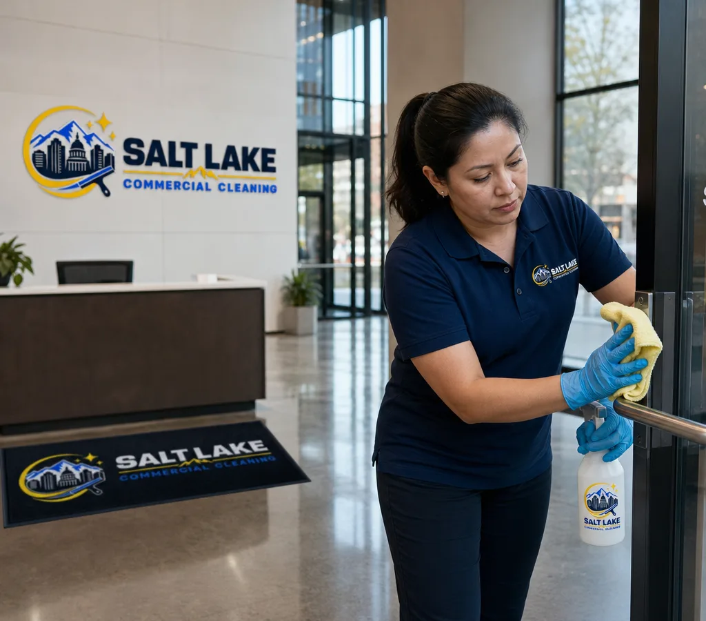 Professional cleaner disinfecting high-touch points in a modern Salt Lake City office lobby with glass entry doors and a reception desk