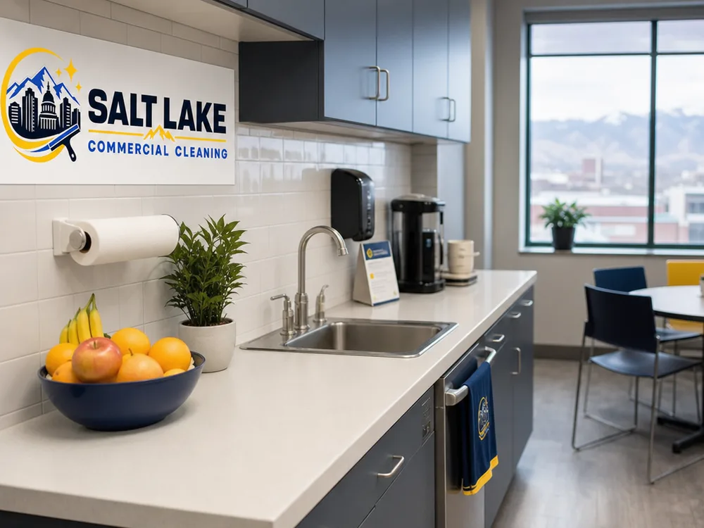 Spotless office breakroom counter with disinfected surfaces, clean sink, and removed trash