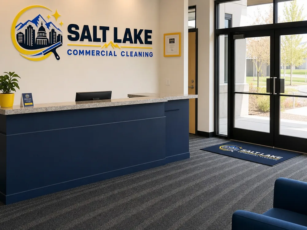 Clean reception area with vacuumed carpet, fingerprint-free glass doors, and a dust-free front desk