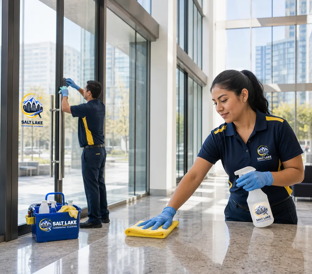 Professional commercial cleaners servicing a modern Salt Lake City office lobby