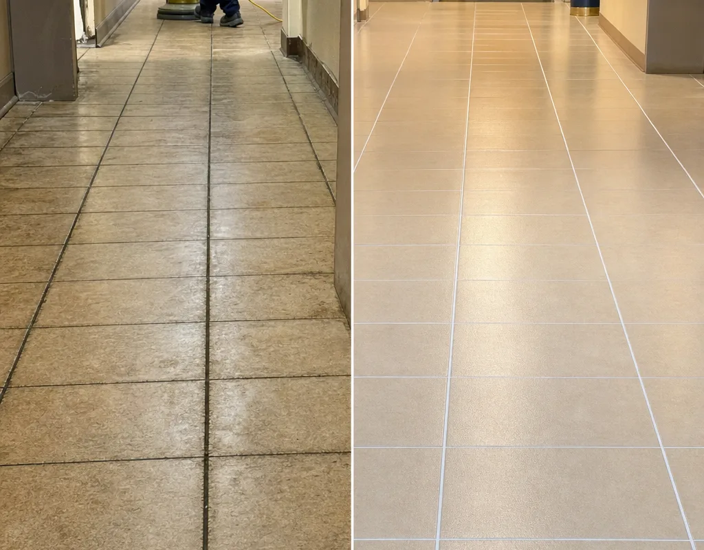 Before-and-after comparison of a commercial hallway showing dark traffic lanes beside brighter cleaned grout and tile
