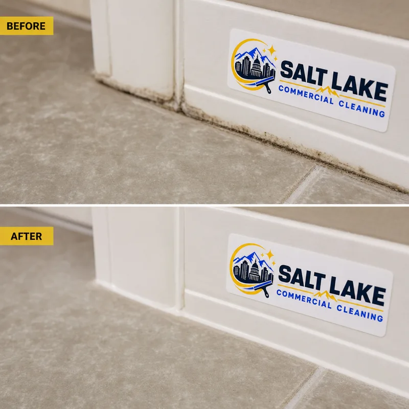 Clean grout line at a baseboard edge with reduced perimeter buildup and detailed corner transitions