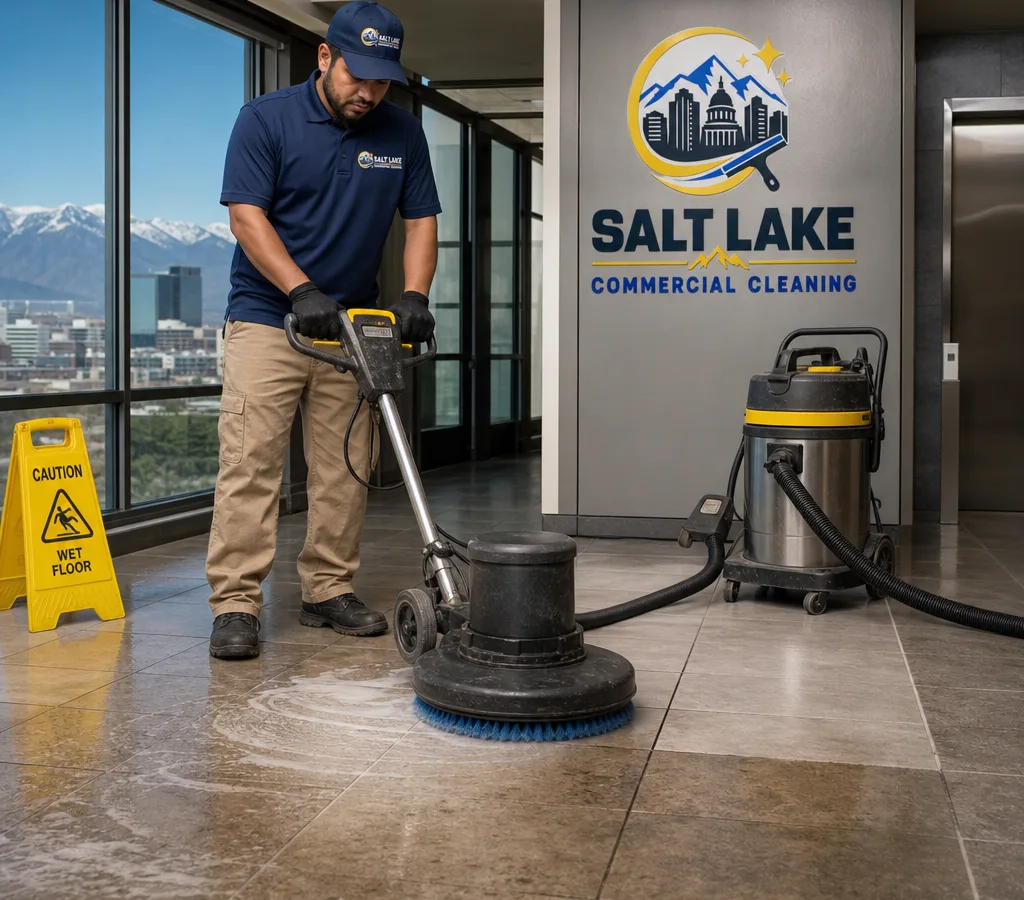 Technician using rotary equipment to scrub a commercial tile floor while a wet vacuum recovers dirty slurry
