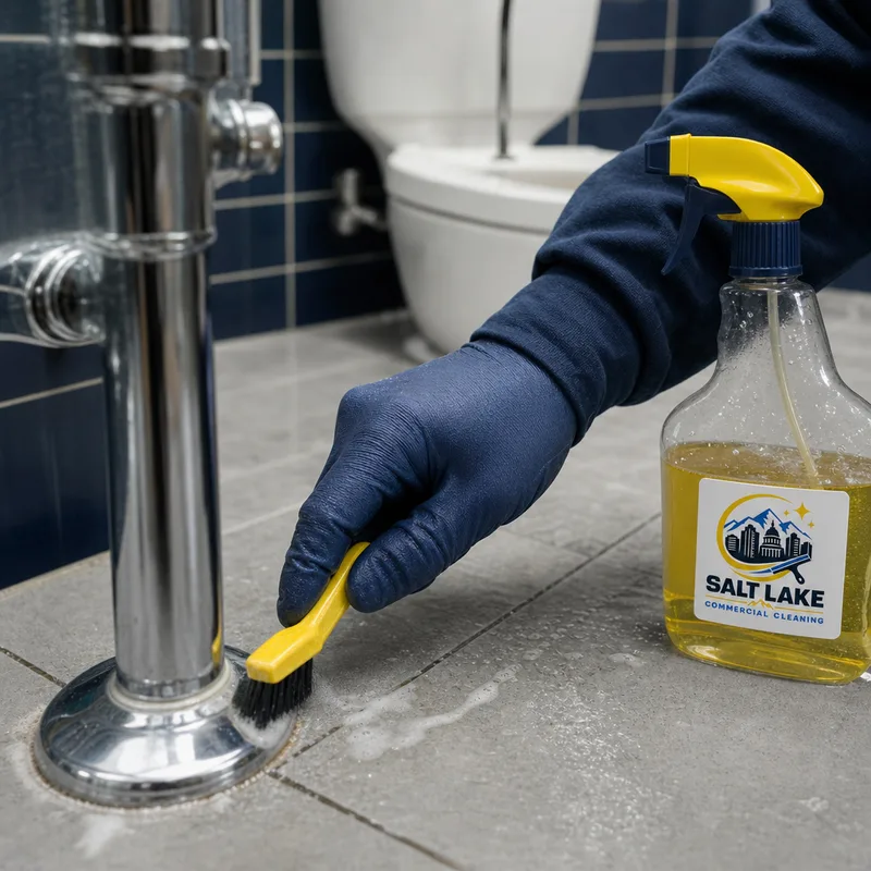 Gloved hands detailing grout lines and fixture bases in a commercial restroom
