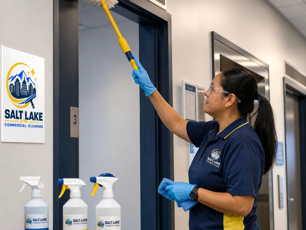 Cleaner in PPE detailing door frames, vents, and ledges in a commercial corridor