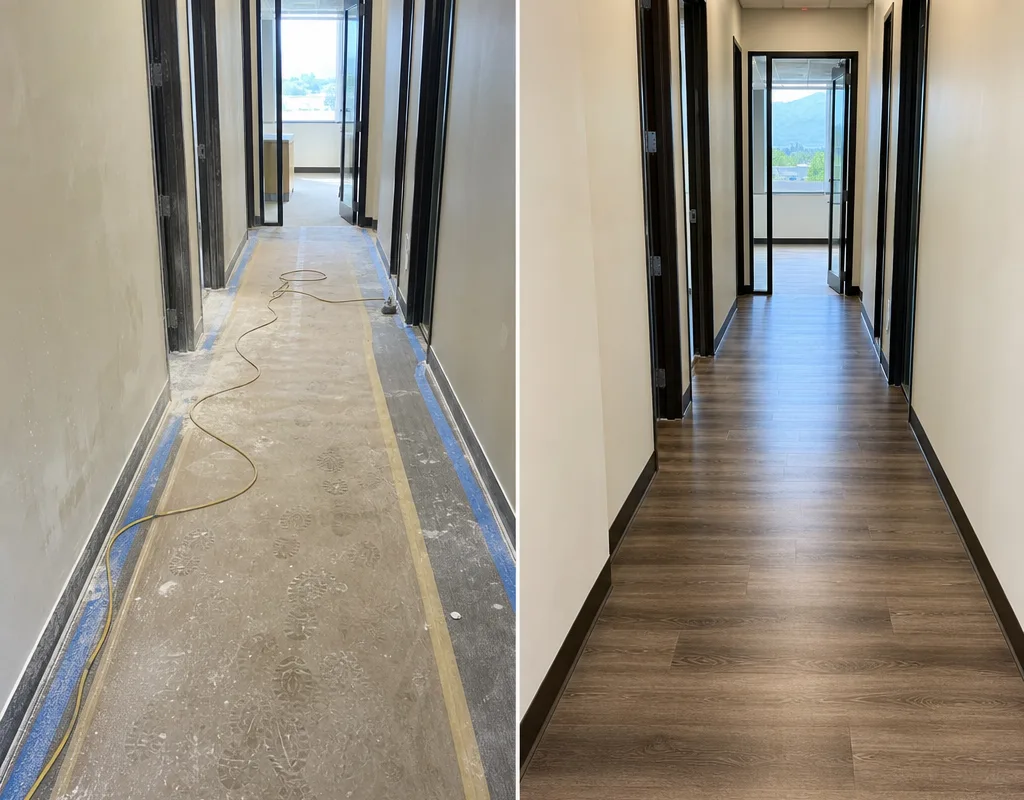 Before-and-after commercial hallway showing drywall dust and protective floor film followed by clean baseboards, clear glass, and finished floors