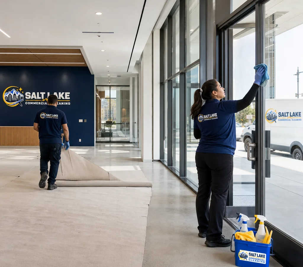 Commercial interior after renovation with protective floor covering being removed and fine dust cleaned from glass and trim