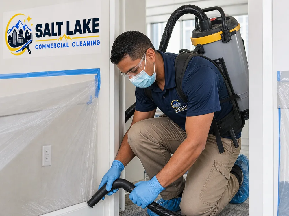 Cleaner in protective equipment using a HEPA-filter backpack vacuum and detailing baseboards in a newly renovated commercial suite