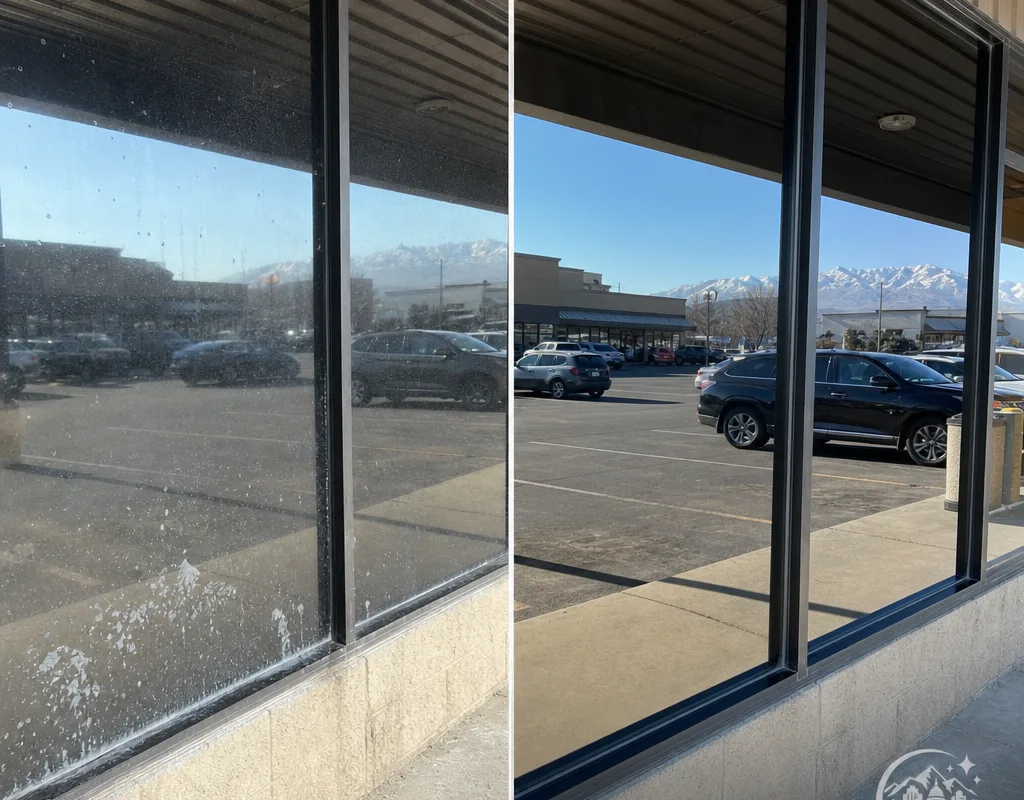 Before and after view of a retail storefront pane with splash marks and edge buildup removed