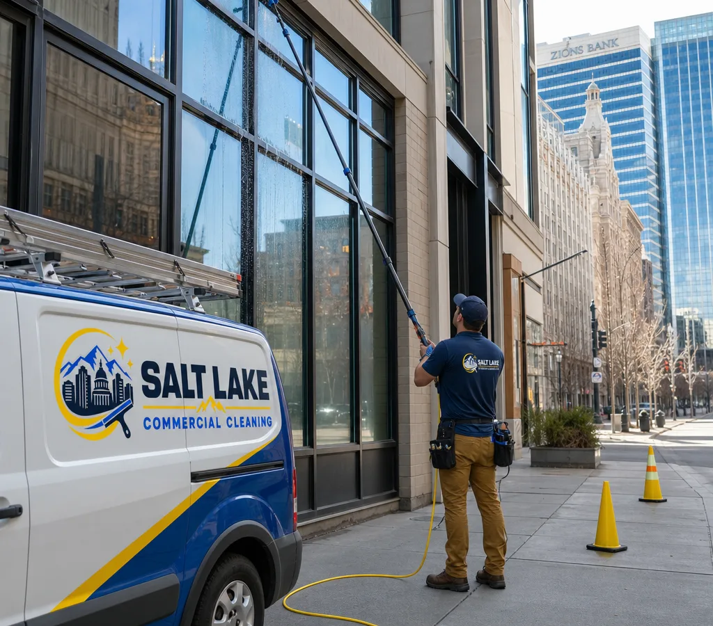 Professional window cleaner using a water-fed pole on a mid-rise commercial building in downtown Salt Lake City