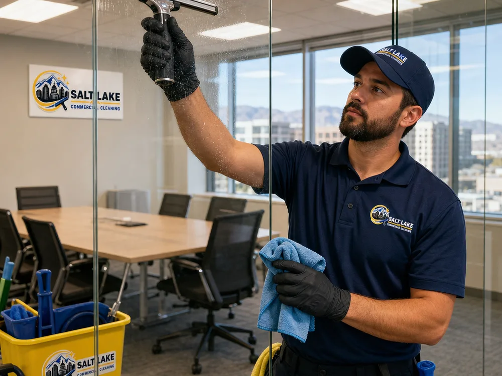 Technician cleaning interior office glass with a squeegee and microfiber detail cloth