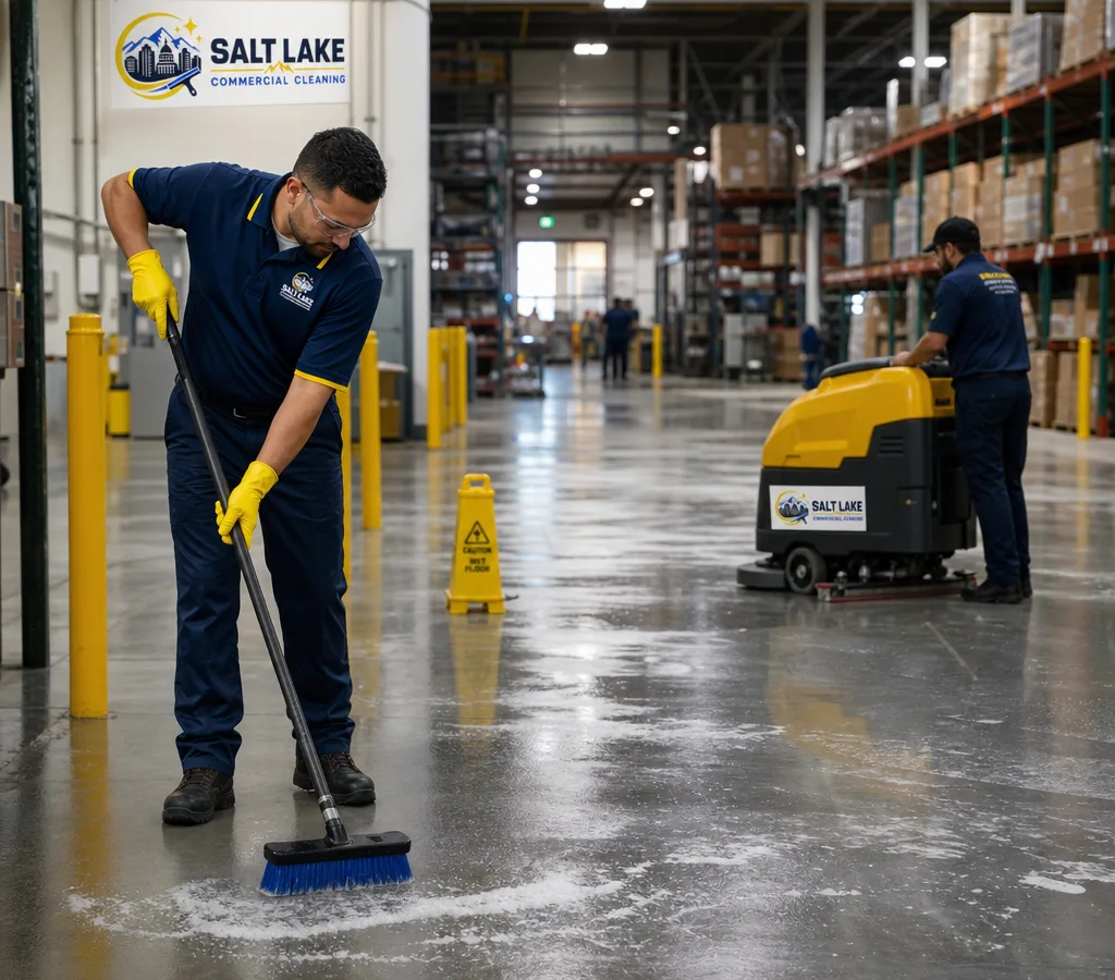 Cleaning technicians in PPE scrubbing and auto-scrubbing a wide industrial aisle inside a Salt Lake City manufacturing facility with safety signage and racked inventory