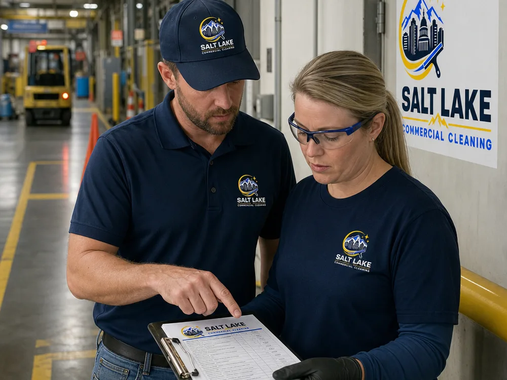 Supervisor and cleaning lead reviewing a printed scope and checklist in a manufacturing corridor with marked forklift lanes and safety cones