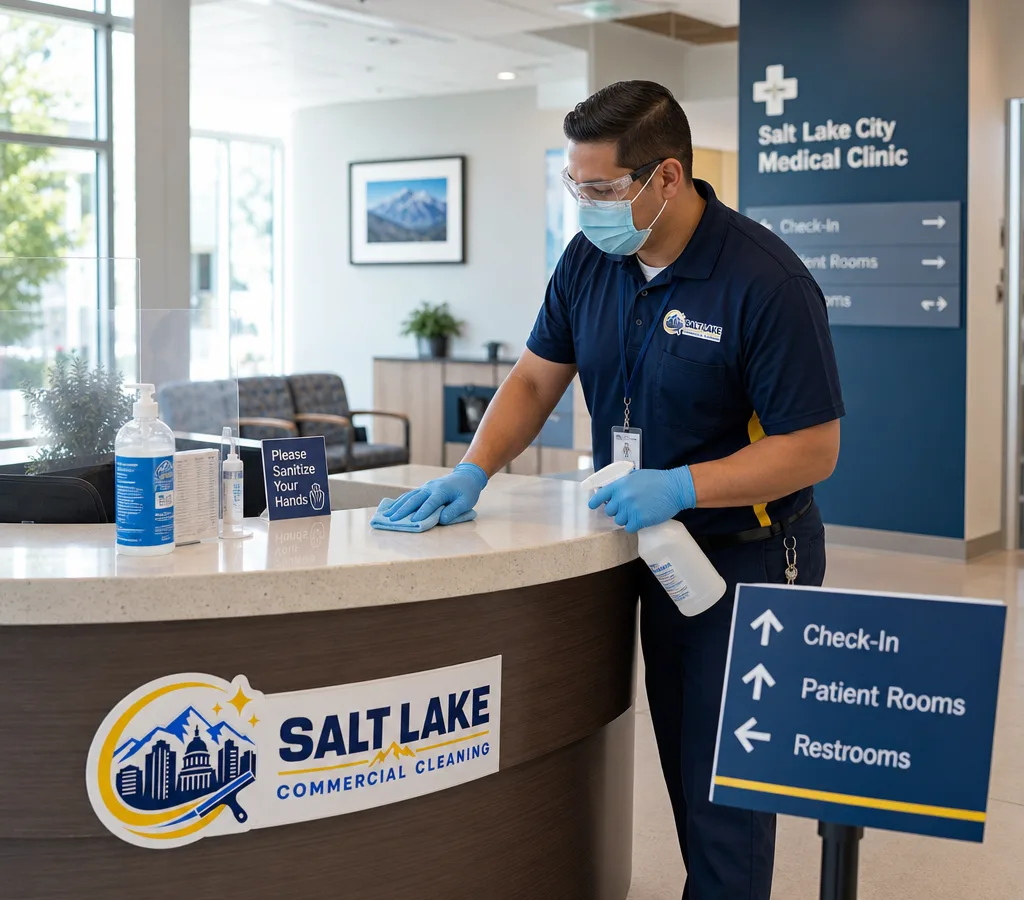 Daytime clinical cleaner in PPE disinfecting a high-touch check-in counter in a Salt Lake City medical clinic lobby