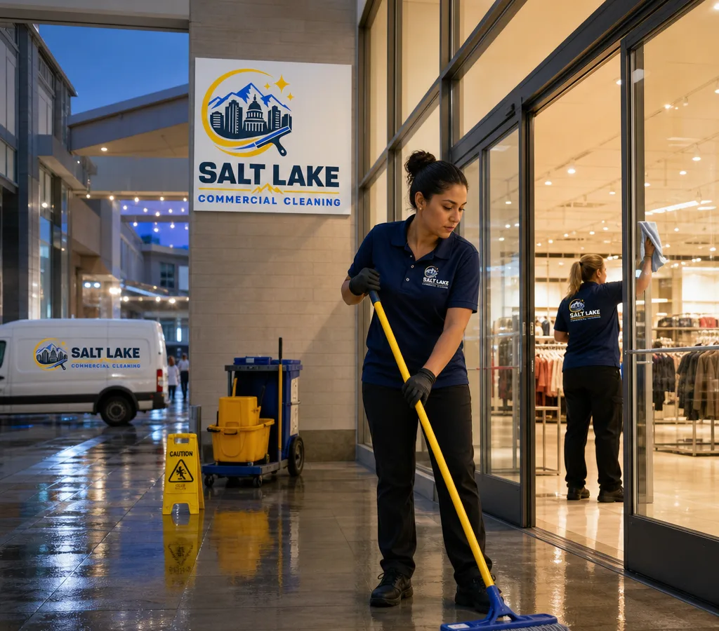 After-hours cleaning crew mopping and detailing a bright retail storefront entry with glass doors and a polished floor