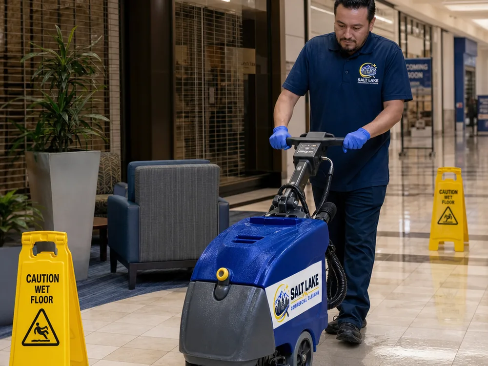 Cleaner using an auto-scrubber on a shopping center tile corridor after hours with safety cones in place