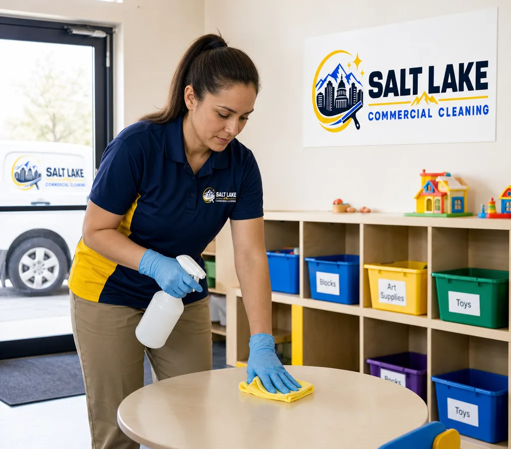 Professional cleaner disinfecting high-touch tables and cubbies in a bright daycare classroom