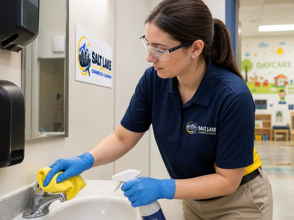 Cleaner disinfecting a daycare restroom sink with color-coded microfiber cloths and labeled supplies