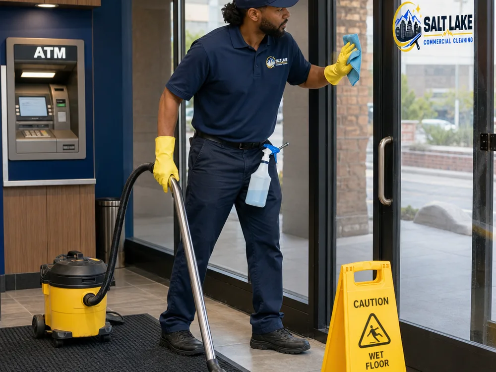 Cleaner vacuuming entry mats, wiping glass doors, and spot mopping tile near a bank ATM vestibule with a caution sign placed nearby