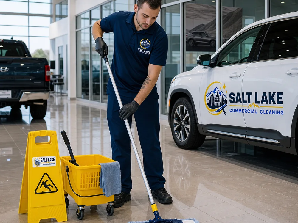 Cleaner mopping and detailing a glossy dealership showroom floor near vehicle displays and glass offices