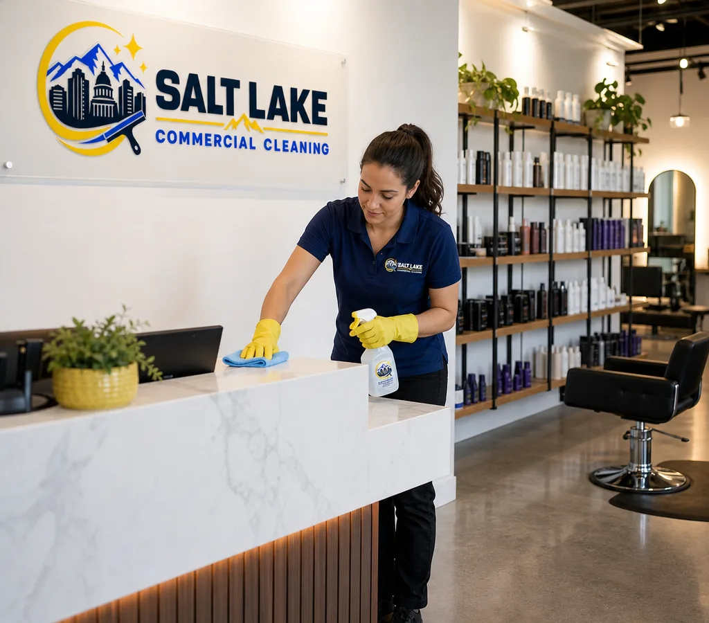 Professional cleaner detailing a modern salon reception area and organized retail shelves
