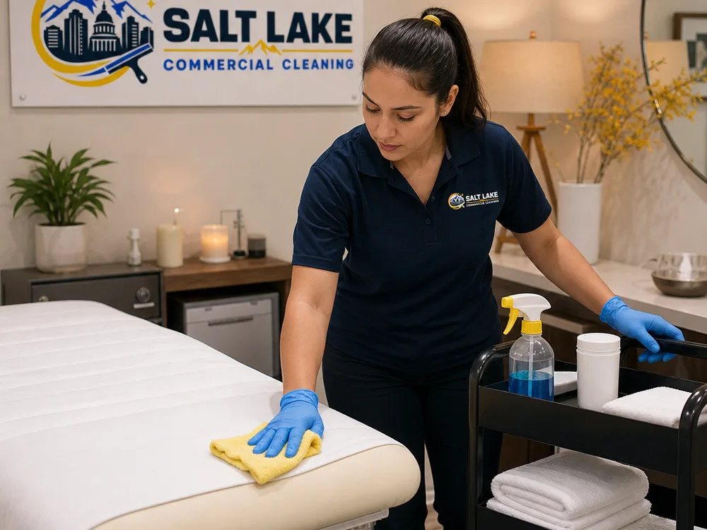 Cleaner disinfecting a spa treatment bed frame and organized rolling cart beside staged clean linens