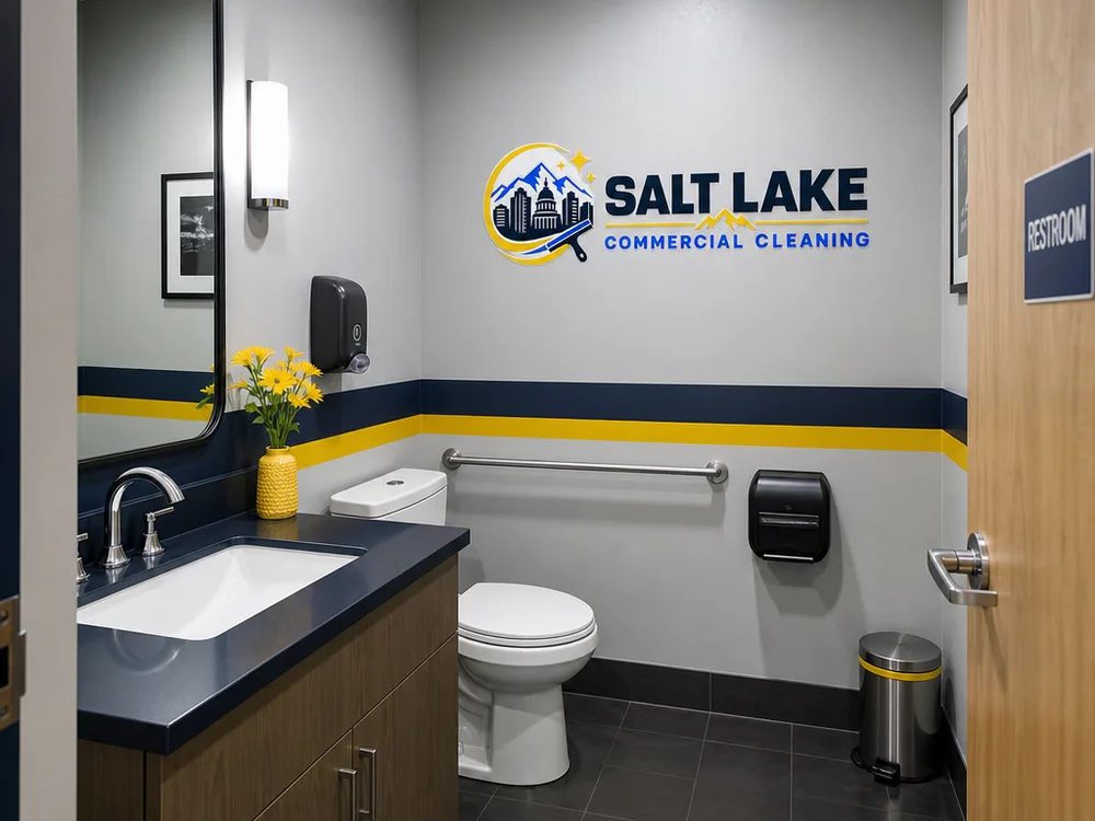 Client-ready salon restroom with a sanitized sink, spotless mirror, mopped floor, and clean dispensers