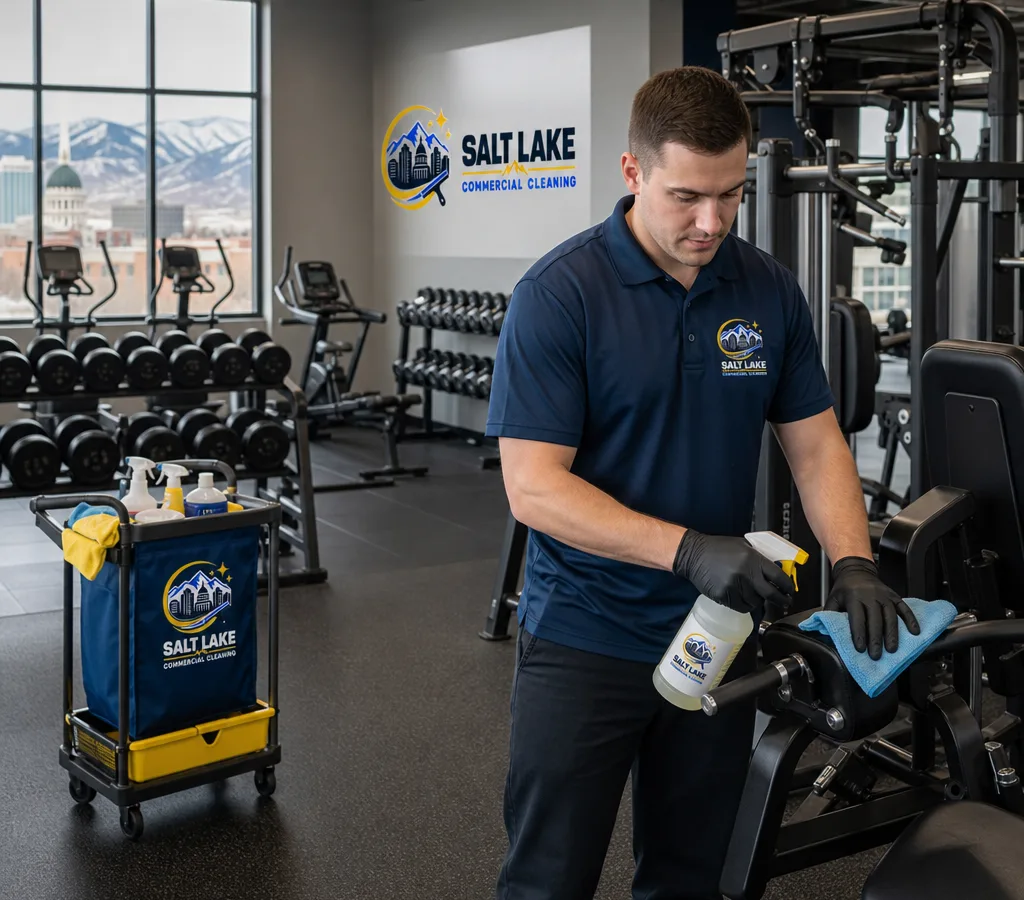 Professional cleaner disinfecting gym equipment touchpoints in a modern Salt Lake City fitness facility