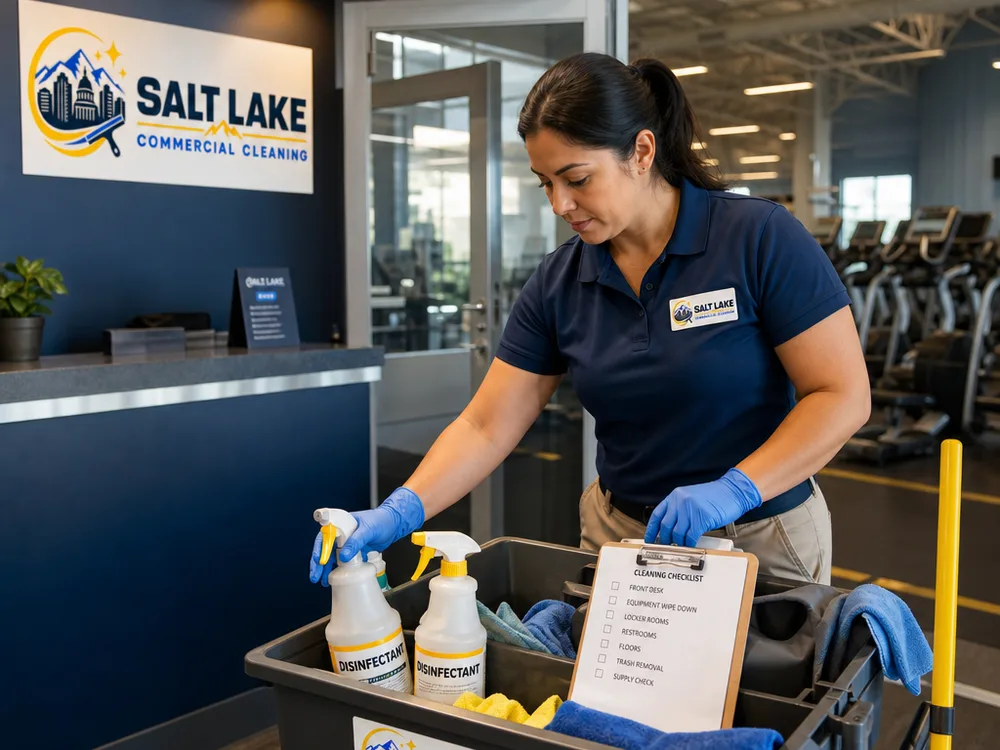 Cleaner with a caddy, labeled disinfectants, and checklist beside a gym entry and cardio area