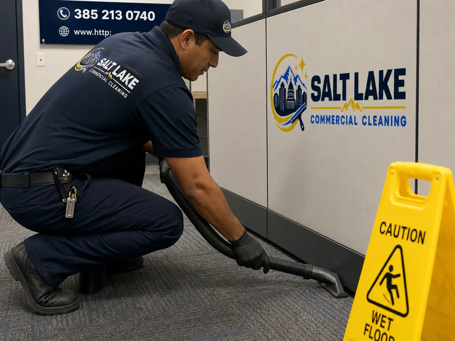 Crew member mopping a rubber-floored free-weight area with wet floor signage correctly placed