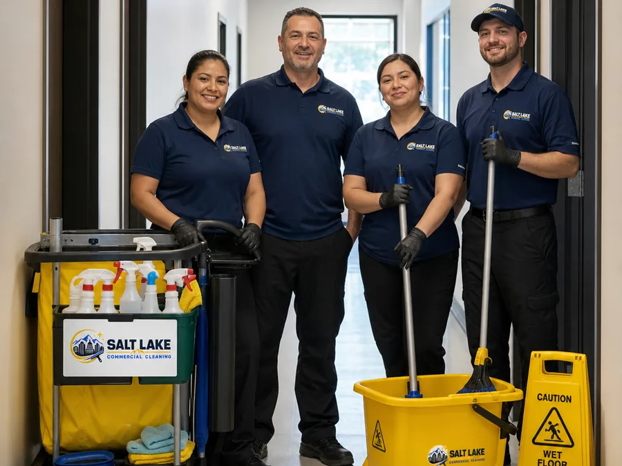 Commercial cleaning team with carts and supplies staged for a facility cleaning shift